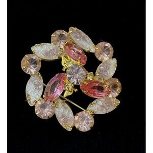 Vintage Dome Wreath Brooch Multi-color Stones Molded Glass Goldtone Costume